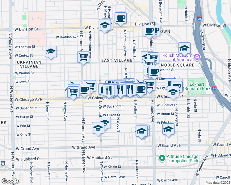 map of restaurants, bars, coffee shops, grocery stores, and more near 817 North Wood Street in Chicago