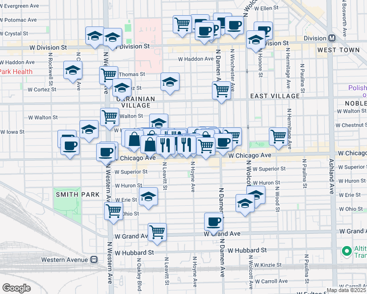 map of restaurants, bars, coffee shops, grocery stores, and more near 2139 West Rice Street in Chicago