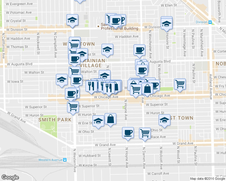 map of restaurants, bars, coffee shops, grocery stores, and more near 2139 West Rice Street in Chicago