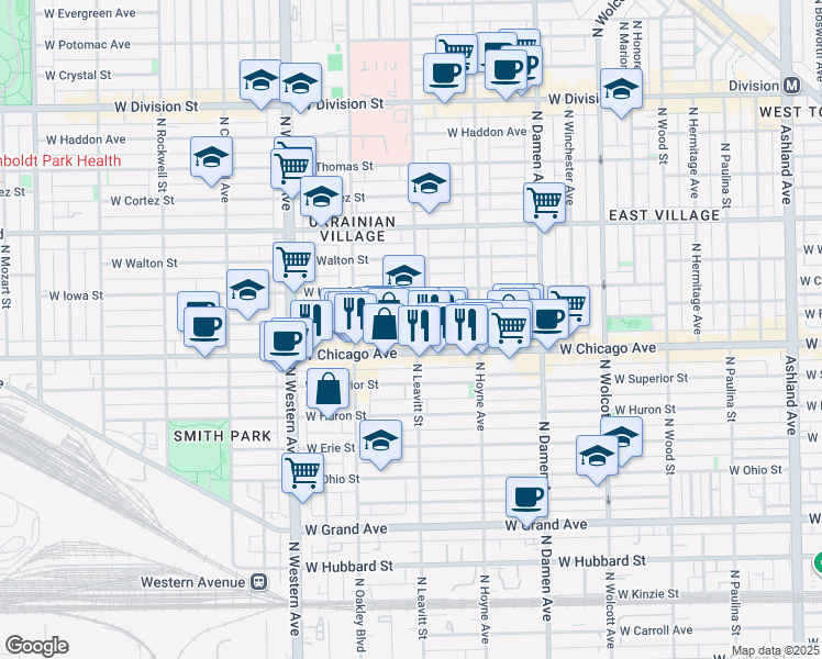 map of restaurants, bars, coffee shops, grocery stores, and more near in Chicago