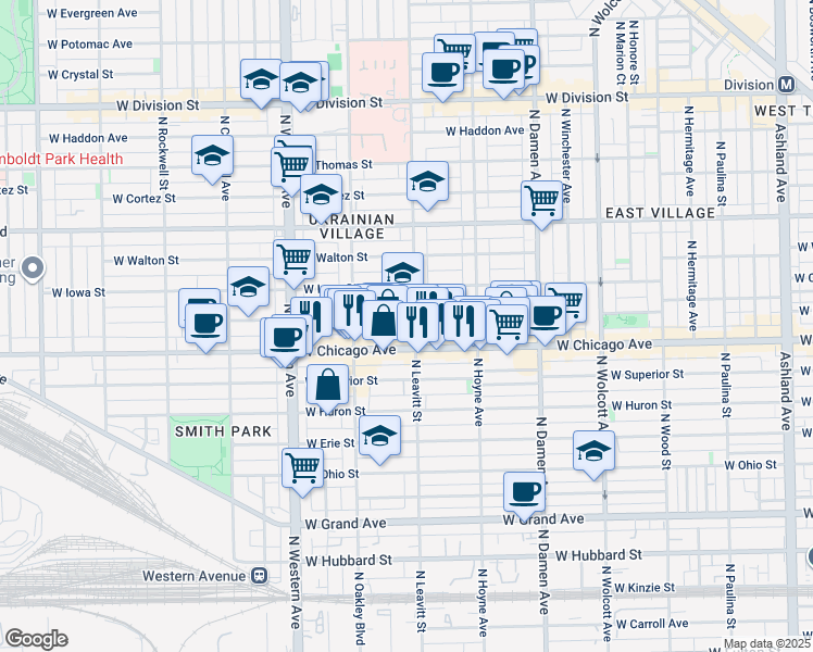map of restaurants, bars, coffee shops, grocery stores, and more near in Chicago
