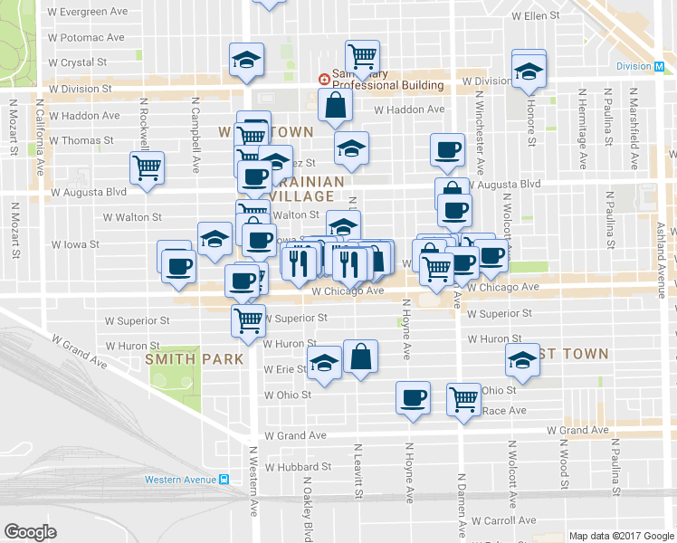 map of restaurants, bars, coffee shops, grocery stores, and more near in Chicago