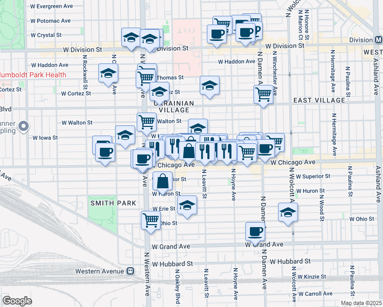 map of restaurants, bars, coffee shops, grocery stores, and more near in Chicago