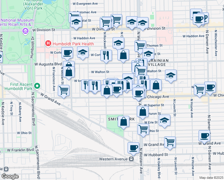 map of restaurants, bars, coffee shops, grocery stores, and more near 825 North Rockwell Street in Chicago