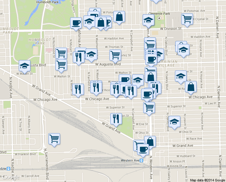 map of restaurants, bars, coffee shops, grocery stores, and more near 825 North Rockwell Street in Chicago