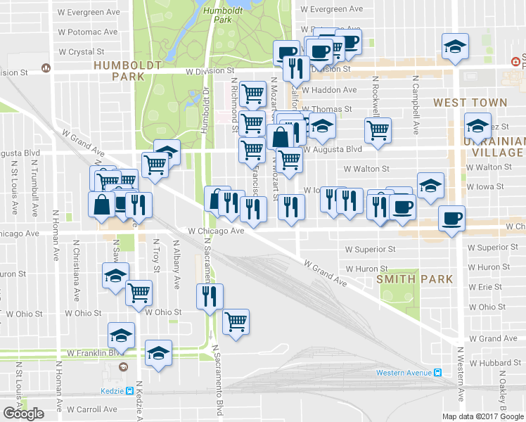 map of restaurants, bars, coffee shops, grocery stores, and more near 827 North Francisco Avenue in Chicago