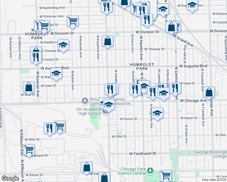 map of restaurants, bars, coffee shops, grocery stores, and more near 837 North Pulaski Road in Chicago