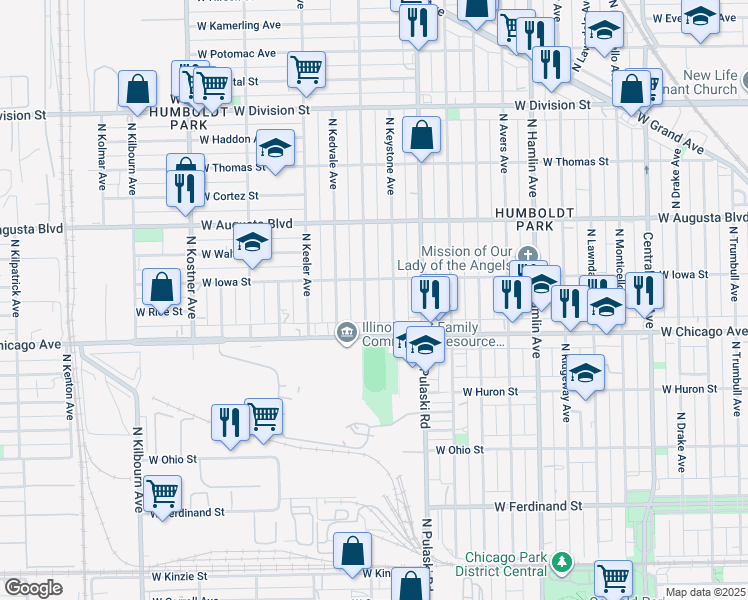 map of restaurants, bars, coffee shops, grocery stores, and more near 834 North Keystone Avenue in Chicago