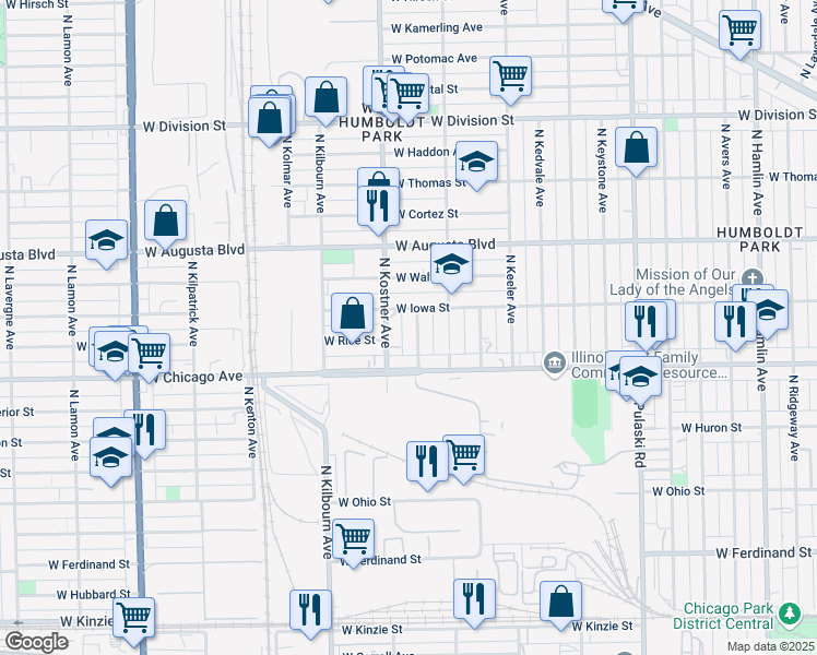 map of restaurants, bars, coffee shops, grocery stores, and more near 844 North Kolin Avenue in Chicago
