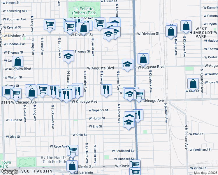 map of restaurants, bars, coffee shops, grocery stores, and more near 4943 West Iowa Street in Chicago