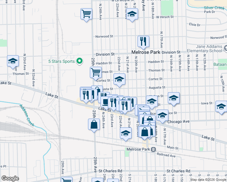 map of restaurants, bars, coffee shops, grocery stores, and more near 1019 23rd Avenue in Melrose Park