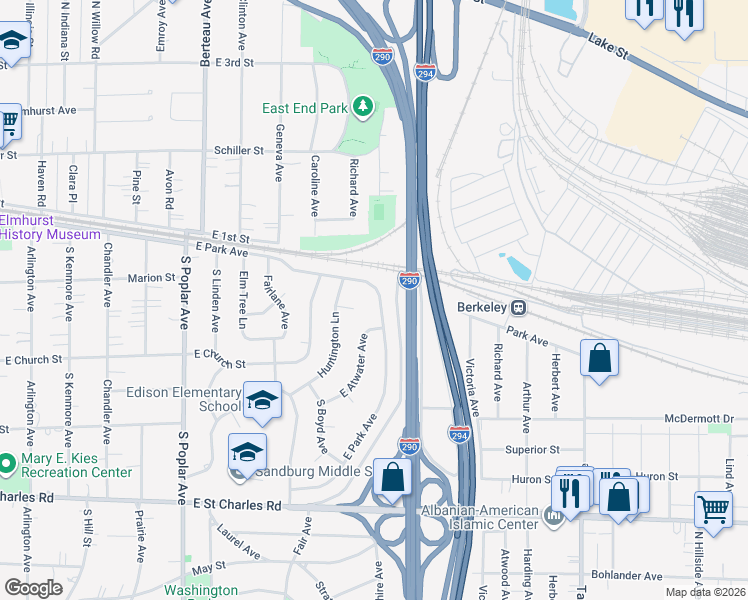 map of restaurants, bars, coffee shops, grocery stores, and more near 432 Huntington Lane in Elmhurst