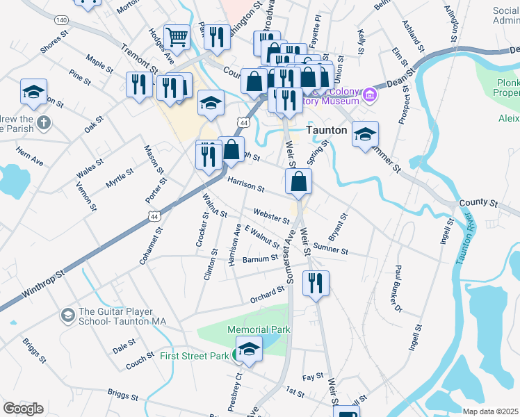 map of restaurants, bars, coffee shops, grocery stores, and more near 17 Webster Street in Taunton