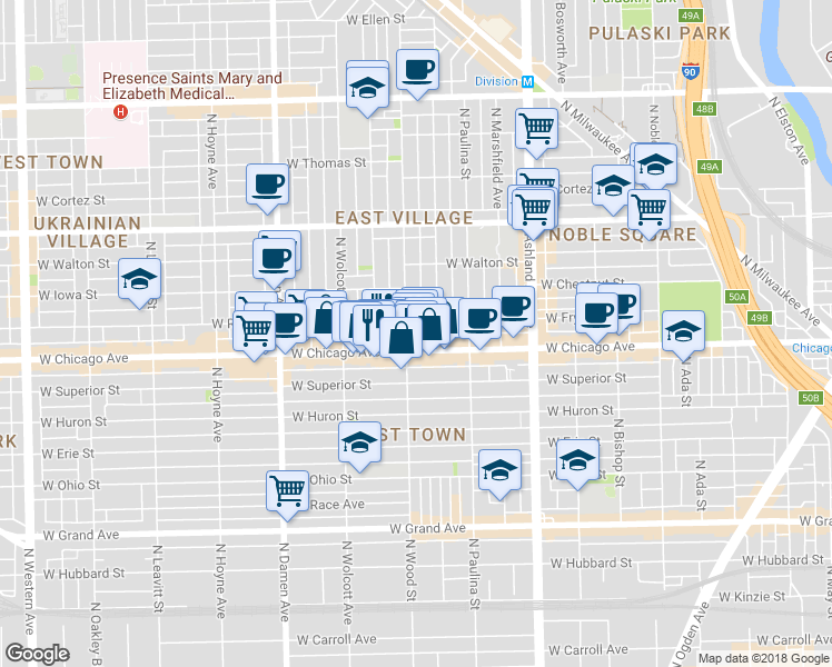 map of restaurants, bars, coffee shops, grocery stores, and more near 815 North Wood Street in Chicago