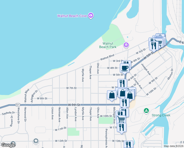 map of restaurants, bars, coffee shops, grocery stores, and more near 428 Thayer Ave in Ashtabula