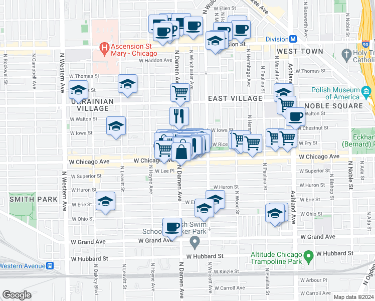 map of restaurants, bars, coffee shops, grocery stores, and more near 818 North Winchester Avenue in Chicago