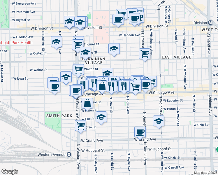 map of restaurants, bars, coffee shops, grocery stores, and more near in Chicago
