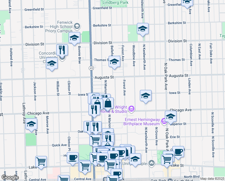 map of restaurants, bars, coffee shops, grocery stores, and more near 611 Belleforte Avenue in Oak Park