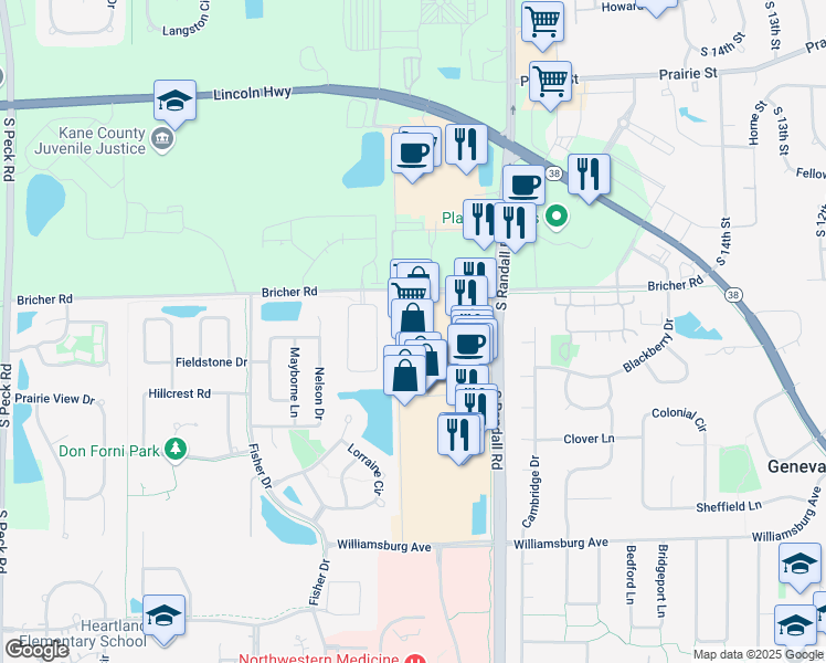 map of restaurants, bars, coffee shops, grocery stores, and more near 706 Commons Drive in Geneva