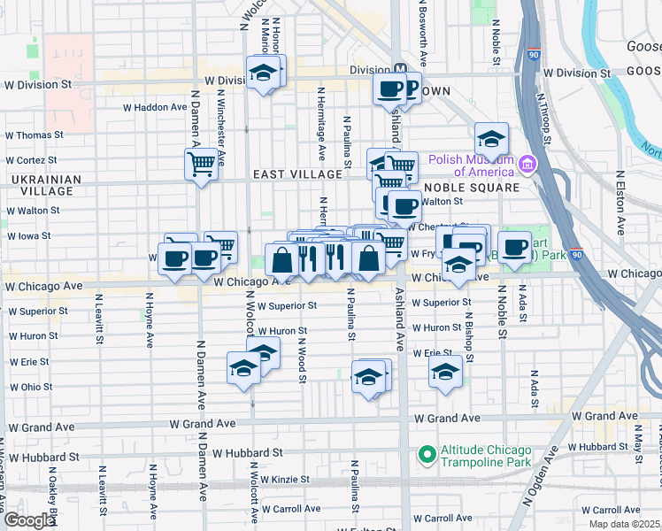 map of restaurants, bars, coffee shops, grocery stores, and more near 815 North Hermitage Avenue in Chicago