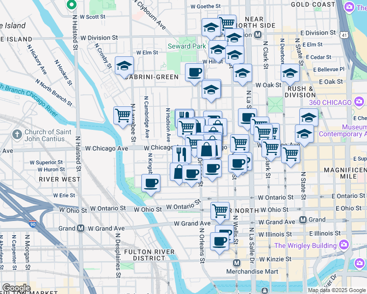 map of restaurants, bars, coffee shops, grocery stores, and more near 412 West Chicago Avenue in Chicago