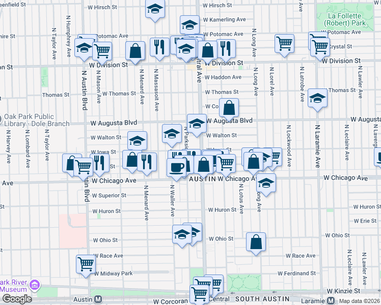 map of restaurants, bars, coffee shops, grocery stores, and more near 857 North Parkside Avenue in Chicago