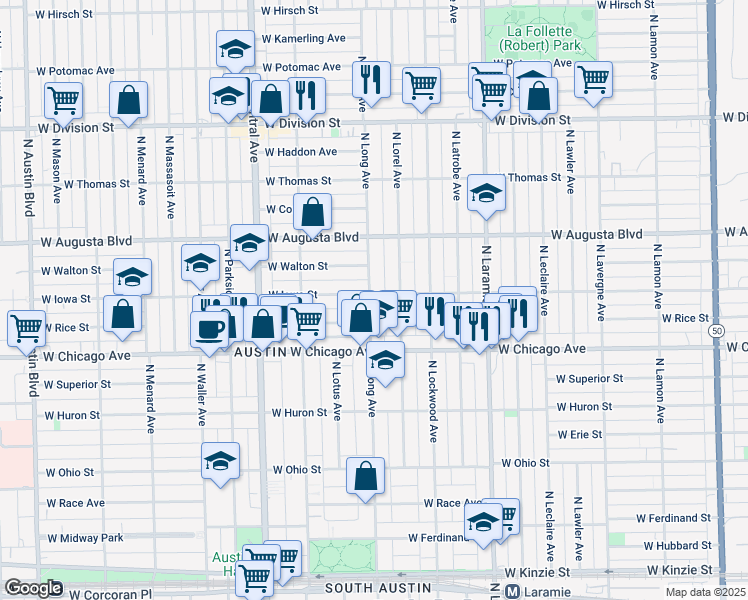 map of restaurants, bars, coffee shops, grocery stores, and more near 5361 West Iowa Street in Chicago