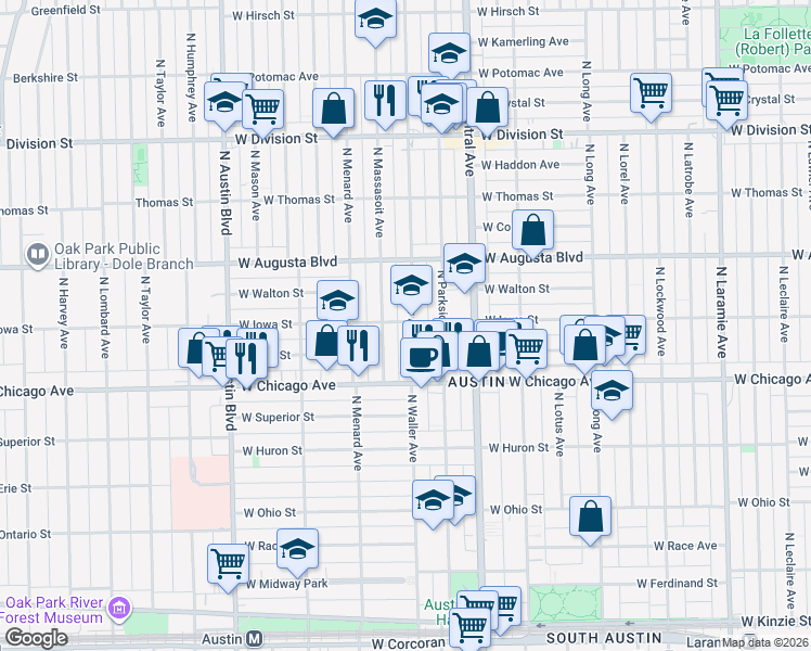 map of restaurants, bars, coffee shops, grocery stores, and more near 858 North Waller Avenue in Chicago