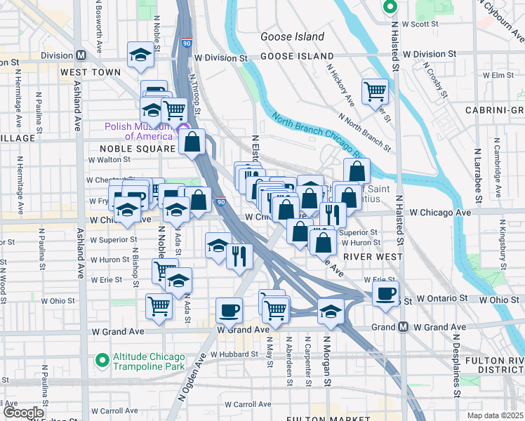 map of restaurants, bars, coffee shops, grocery stores, and more near 805 North Milwaukee Avenue in Chicago