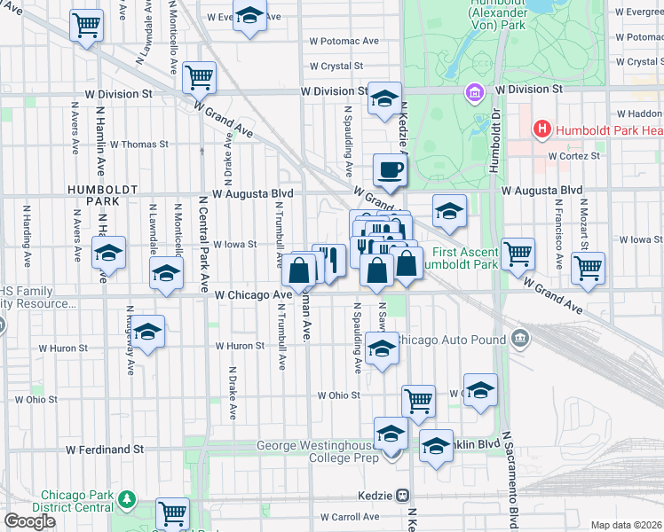 map of restaurants, bars, coffee shops, grocery stores, and more near 815 North Christiana Avenue in Chicago