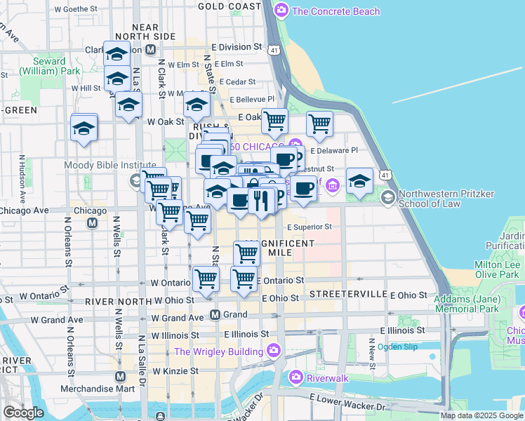 map of restaurants, bars, coffee shops, grocery stores, and more near 101 East Chicago Avenue in Chicago