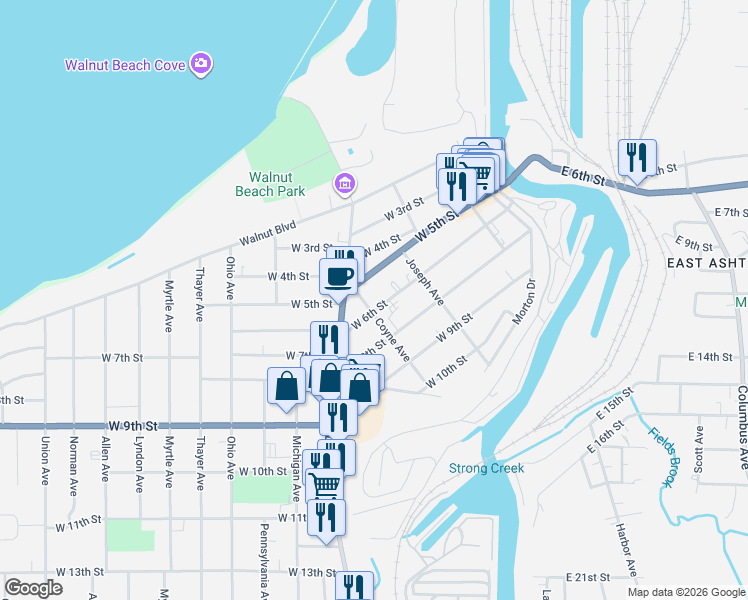 map of restaurants, bars, coffee shops, grocery stores, and more near 1459 West 6th Street in Ashtabula