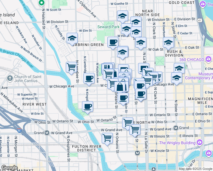 map of restaurants, bars, coffee shops, grocery stores, and more near 412 West Chicago Avenue in Chicago