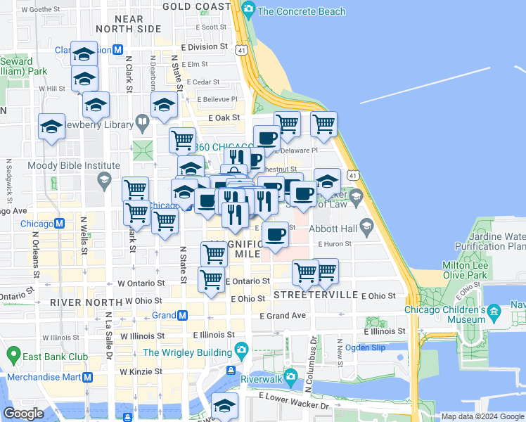 map of restaurants, bars, coffee shops, grocery stores, and more near 777 Michigan Avenue in Chicago