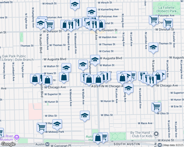 map of restaurants, bars, coffee shops, grocery stores, and more near 857 North Parkside Avenue in Chicago