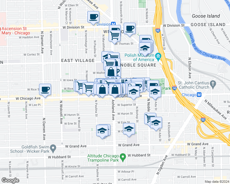 map of restaurants, bars, coffee shops, grocery stores, and more near 815 North Ashland Avenue in Chicago
