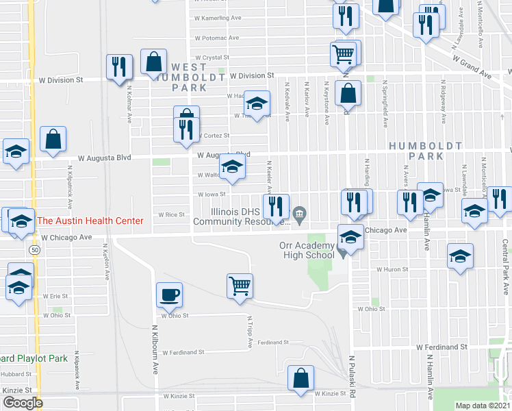 map of restaurants, bars, coffee shops, grocery stores, and more near 841 N Tripp Ave in Chicago