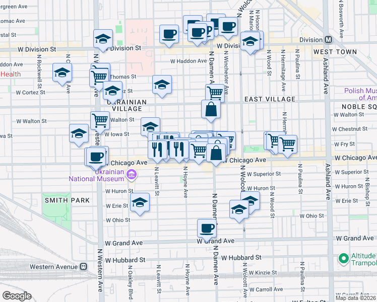 map of restaurants, bars, coffee shops, grocery stores, and more near in Chicago