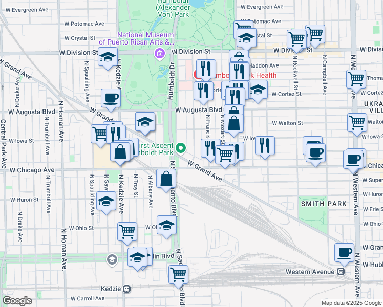 map of restaurants, bars, coffee shops, grocery stores, and more near 828 North Richmond Street in Chicago