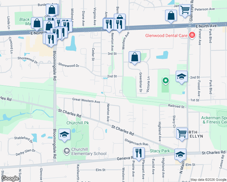 map of restaurants, bars, coffee shops, grocery stores, and more near 23W050 Poss Street in Glen Ellyn
