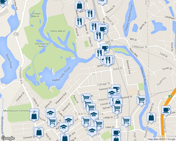 map of restaurants, bars, coffee shops, grocery stores, and more near 26 Verdun St in Central Falls