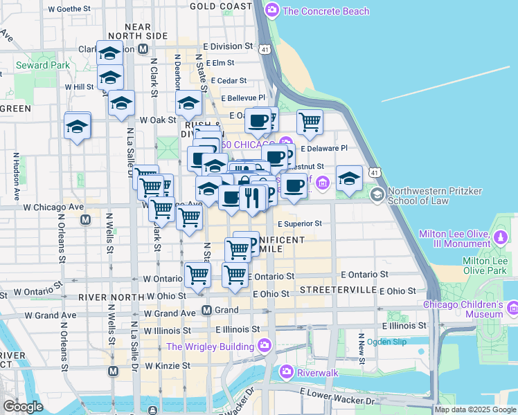 map of restaurants, bars, coffee shops, grocery stores, and more near 115 East Chicago Avenue in Chicago