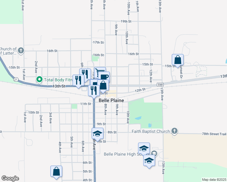 map of restaurants, bars, coffee shops, grocery stores, and more near 826 Main Street in Belle Plaine