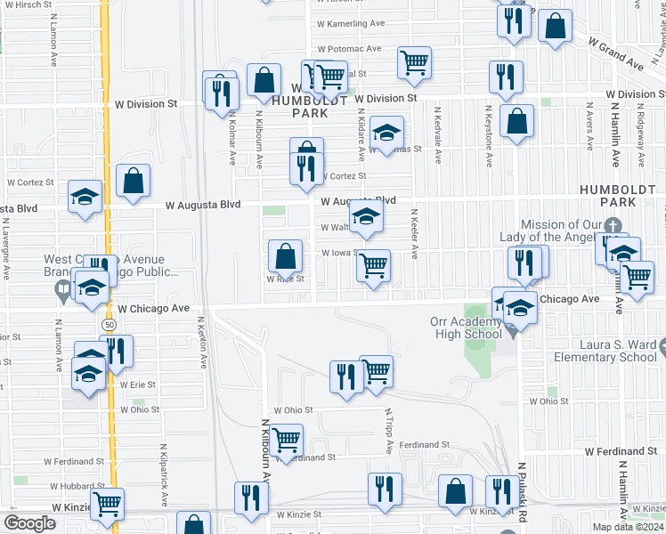 map of restaurants, bars, coffee shops, grocery stores, and more near 844 North Kolin Avenue in Chicago