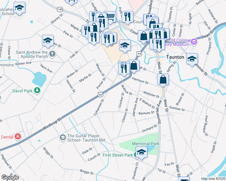 map of restaurants, bars, coffee shops, grocery stores, and more near 88 Winthrop Street in Taunton