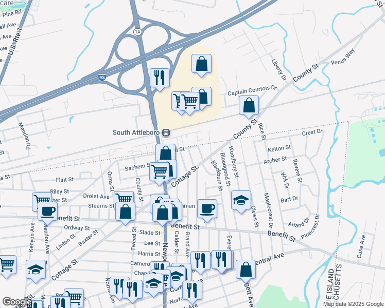 map of restaurants, bars, coffee shops, grocery stores, and more near 33 Jutras Street in Pawtucket