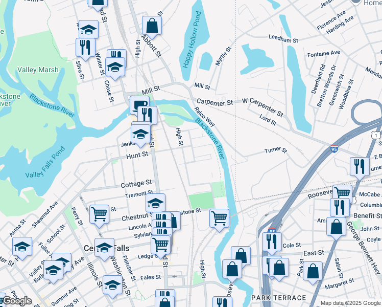 map of restaurants, bars, coffee shops, grocery stores, and more near 26 Samoset Avenue in Central Falls