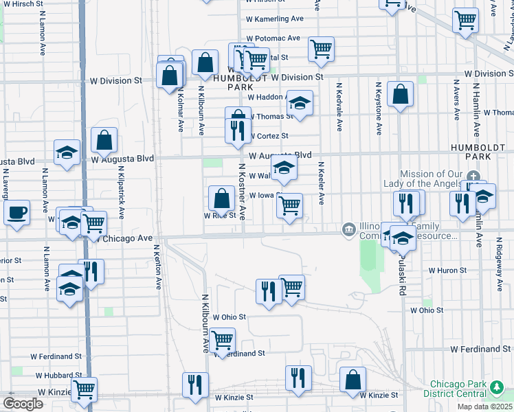 map of restaurants, bars, coffee shops, grocery stores, and more near 844 North Kolin Avenue in Chicago
