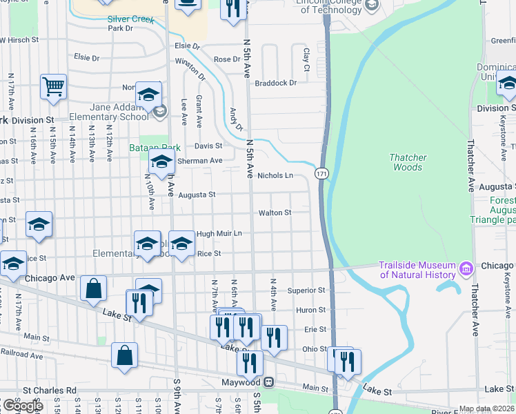 map of restaurants, bars, coffee shops, grocery stores, and more near 1002 North 4th Avenue in Maywood