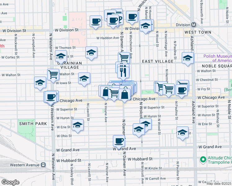 map of restaurants, bars, coffee shops, grocery stores, and more near 2023 West Rice Street in Chicago